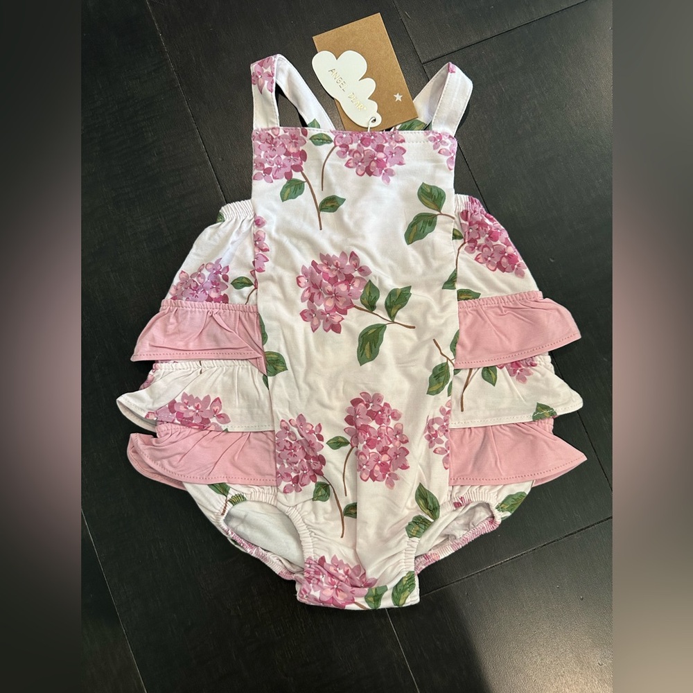 Angel Dear Bamboo Ruffle Sunsuit-Hydrangeas